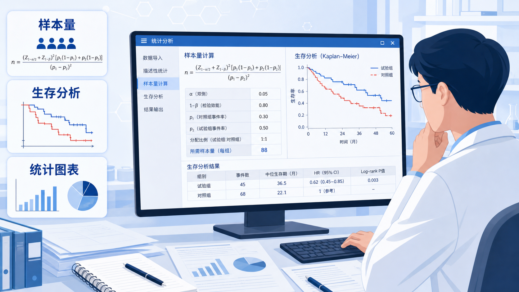 实验室场景，研究者在电脑前查看样本量计算与生存分析结果，旁边放有统计学图表和论文草稿，突出“样本量不足”和“检验效能”主题。