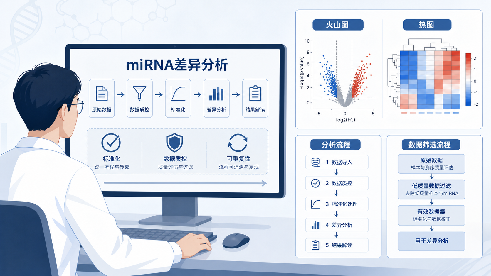 科研人员在电脑前查看miRNA差异分析流程图,旁边展示火山图、热图和分析步骤框架,强调标准化与可复现。