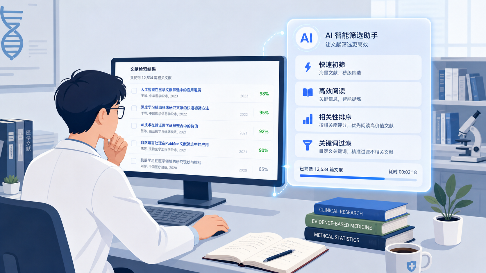 医学生在电脑前面对大量论文标题列表,旁边有AI辅助筛选界面,突出“快速初筛”和“高效阅读”场景
