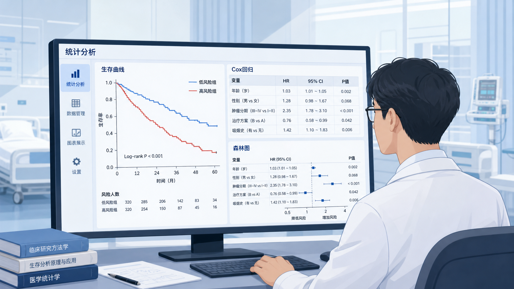 临床研究者在电脑前查看生存曲线、Cox回归结果表和森林图,背景包含医院病房与统计软件界面