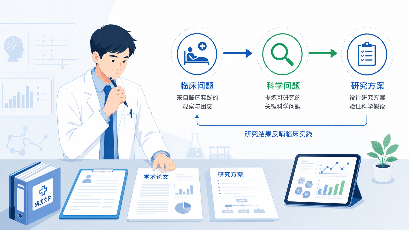 一位临床医生在病历、论文和研究方案之间梳理思路，旁边有“临床问题→科学问题→研究方案”的流程图