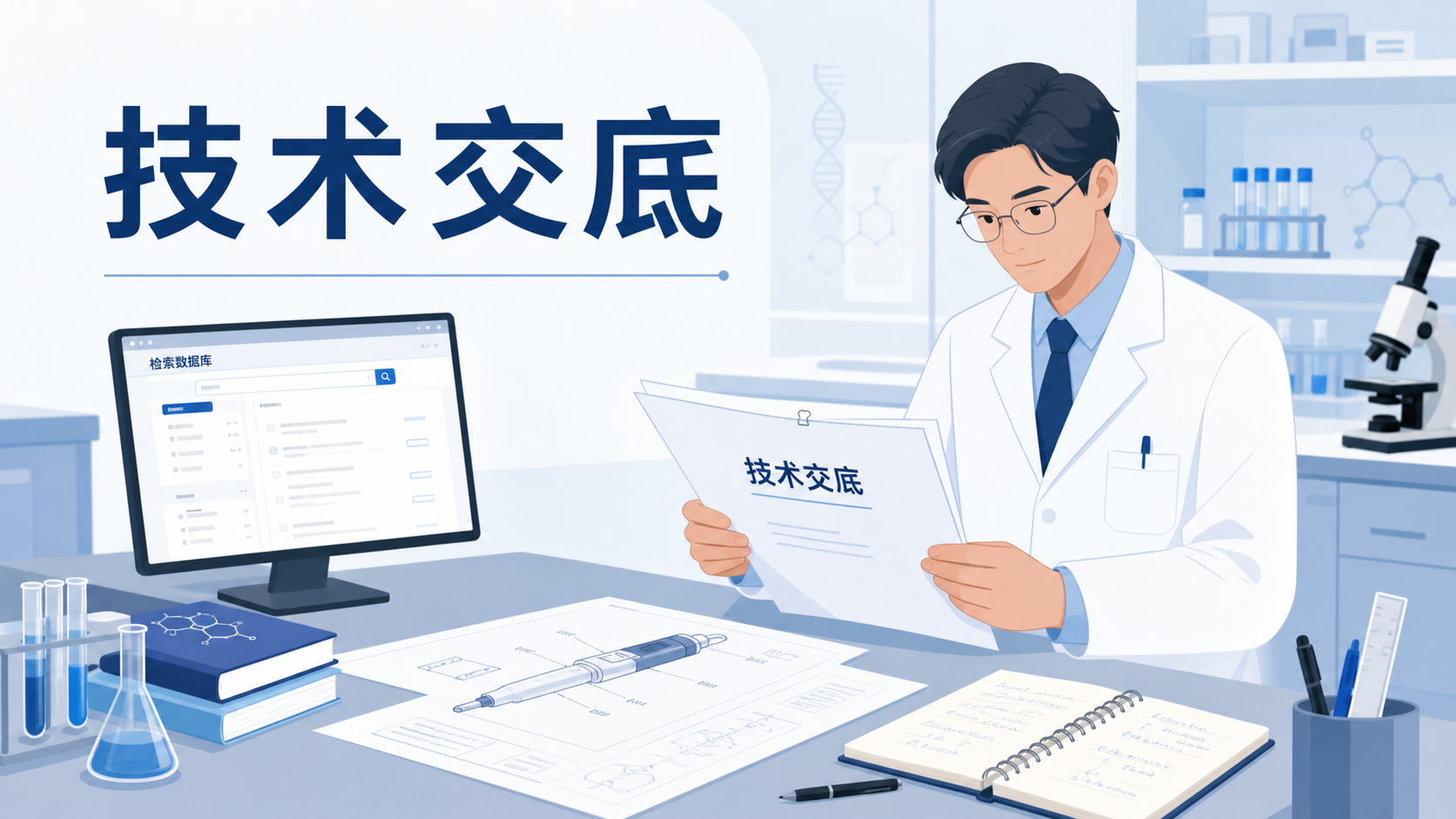 一位医生或科研人员在实验台前整理专利交底书，旁边放有检索数据库页面、示意图和笔记本，突出“技术交底到专利文件”的转化过程