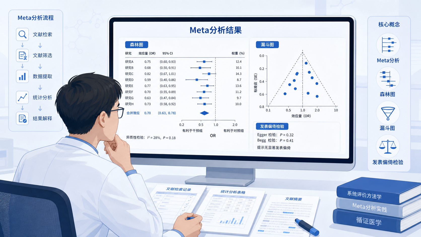 科研人员在电脑前查看森林图和漏斗图，桌面上放着文献检索和统计分析资料，突出Meta分析发表偏倚检测场景