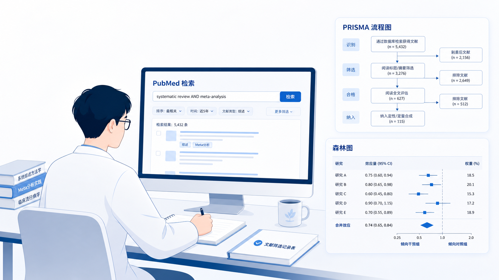 医学生或科研人员在电脑前整理文献,旁边显示PubMed检索、PRISMA流程图和森林图界面,突出meta分析工作流