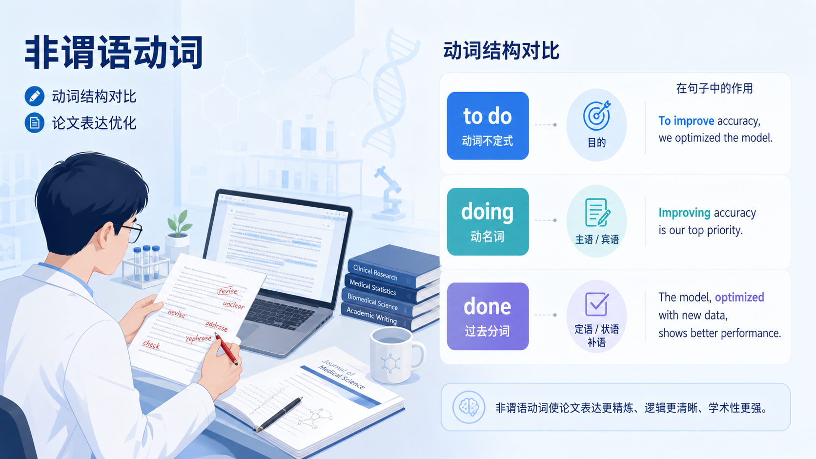 科研人员在修改SCI英文稿件,旁边展示动词结构对比示意图,突出非谓语动词在论文中的作用。