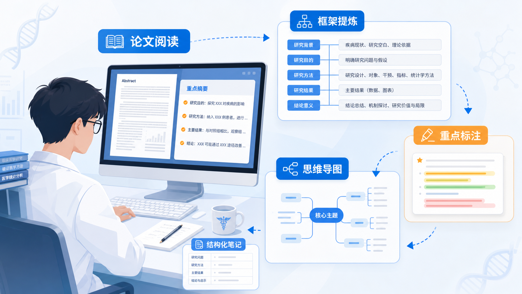 一名医学生在电脑前精读论文，旁边展示文献框架图、荧光笔标注和思维导图，突出“从阅读到提炼套路”
