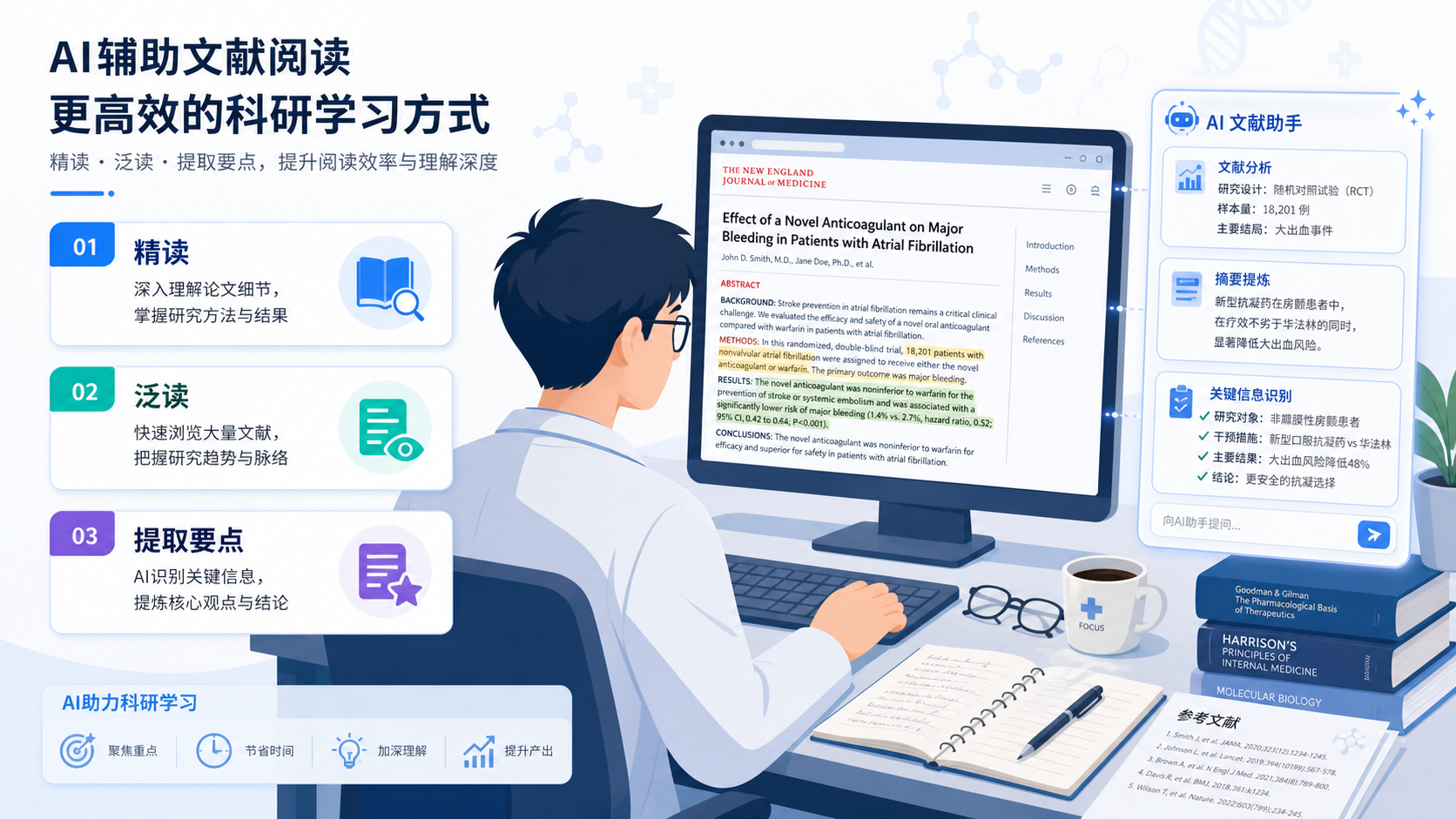 一位医学生在电脑前阅读英文文献，旁边有AI辅助界面，画面中突出“精读”“泛读”“提取要点”三个关键词