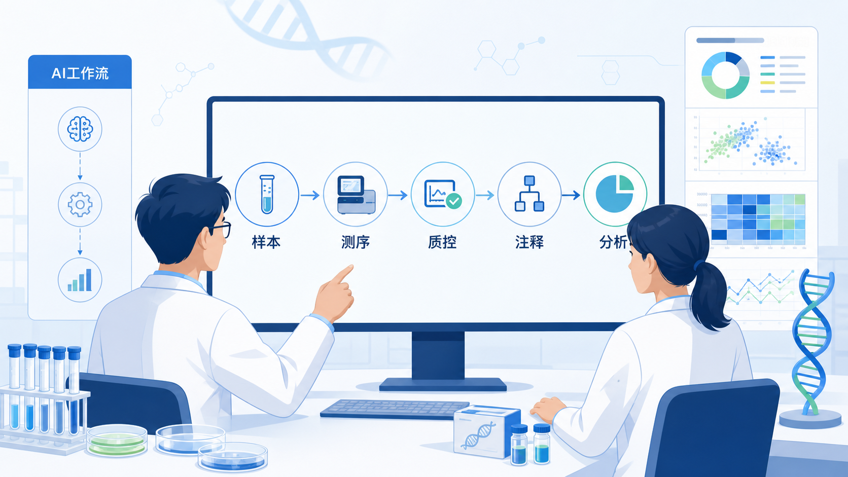 医生和科研人员在电脑前查看宏基因组学分析流程图,旁边展示样本、测序数据和AI自动化工作流界面