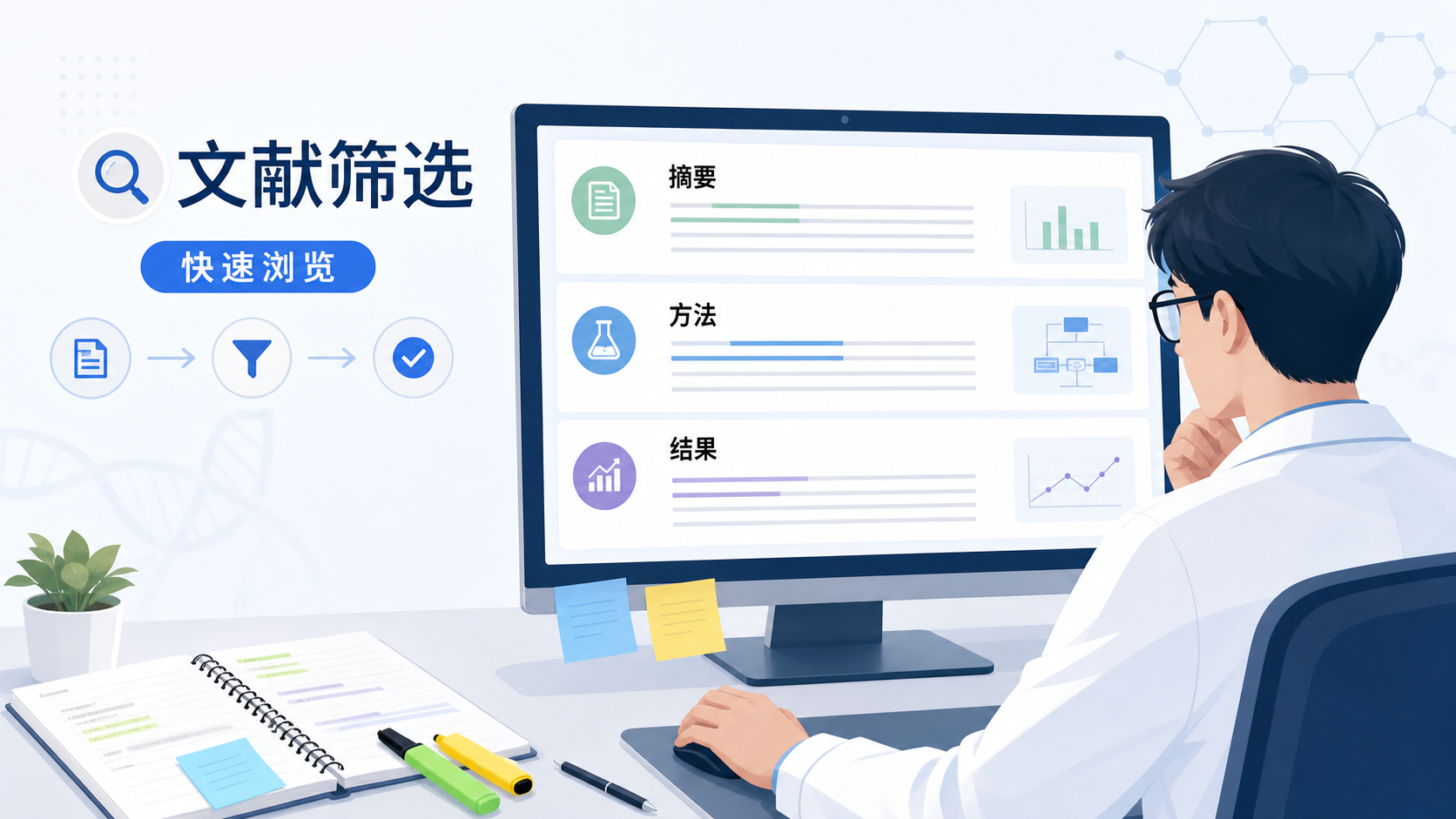 一位科研人员在电脑前快速浏览论文摘要、方法和结果，旁边有笔记本和高亮标记，强调高效筛选文献的场景