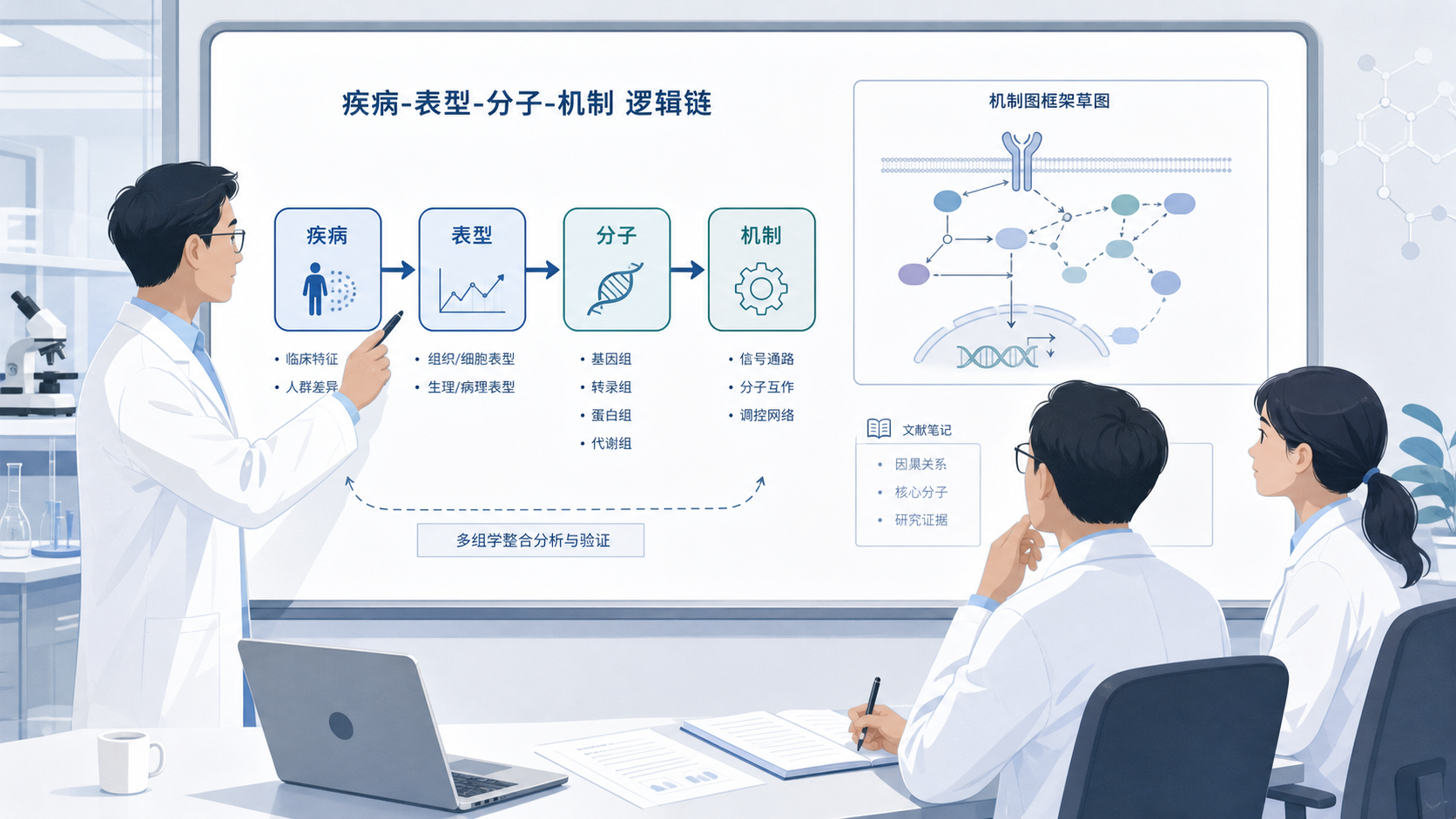 科研人员在白板前梳理“疾病-表型-分子-机制”逻辑链,旁边展示机制图框架草图和文献笔记