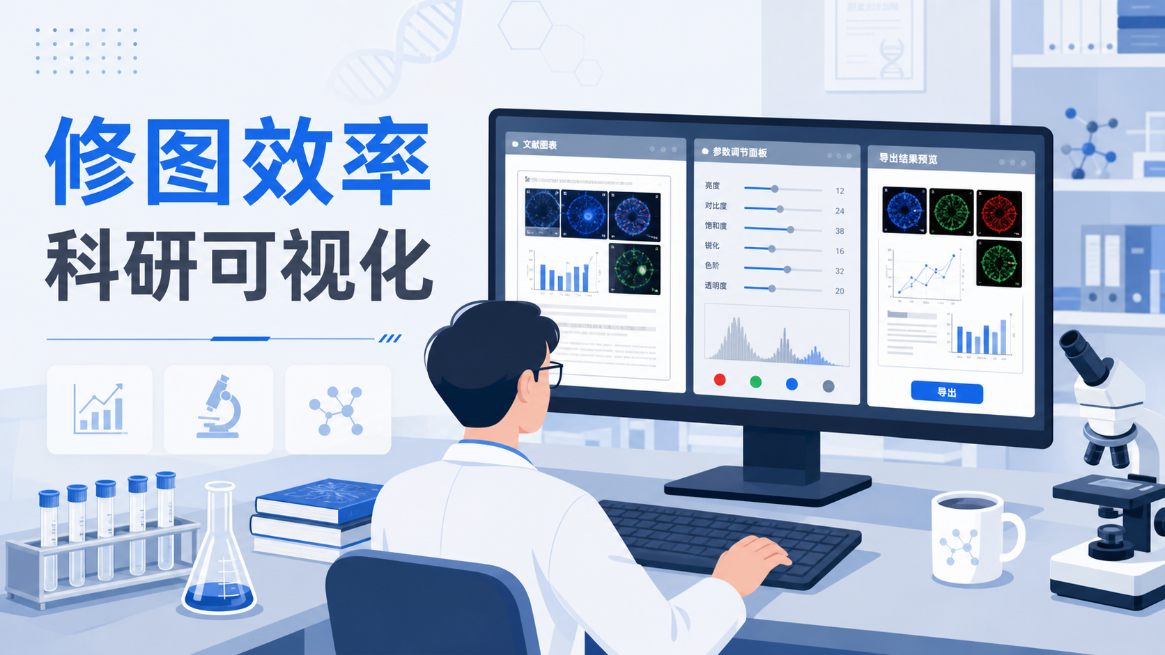 科研人员在电脑前同时查看文献图表、参数面板和导出结果的工作场景，画面强调“修图效率”和“科研可视化”