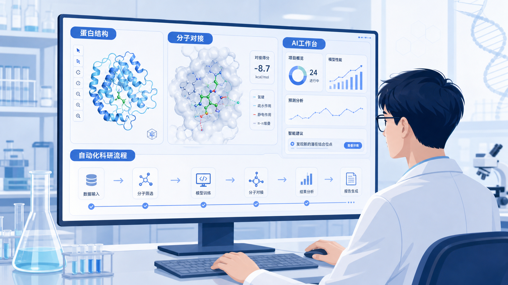 科研人员在电脑前同时查看蛋白结构、分子对接结果和AI工作台界面，画面突出“自动化科研流程”与“分子对接分析”
