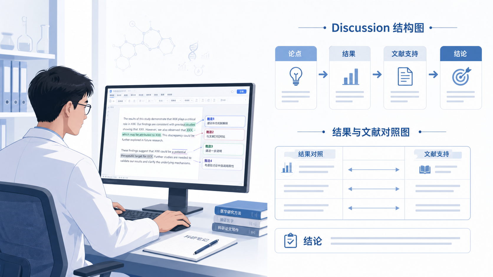 一位科研人员在电脑前修改SCI论文,旁边标注Discussion结构图、结果与文献对照图,突出论文讨论部分写作难点