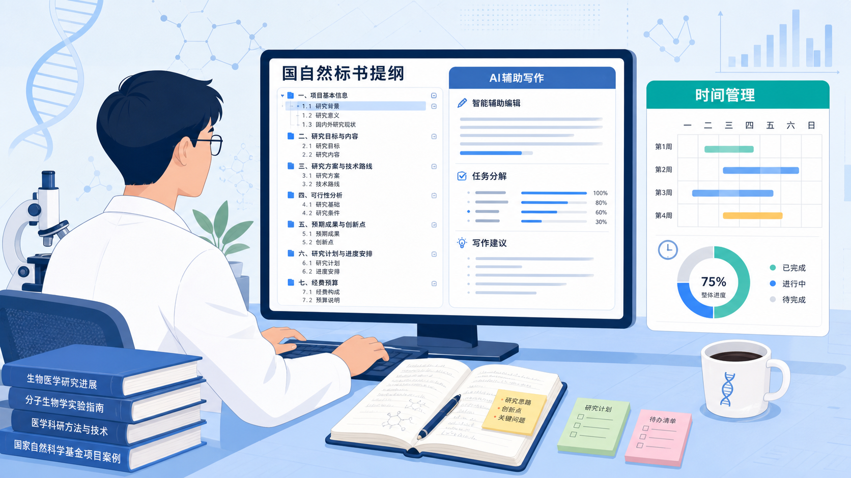 科研人员在电脑前使用AI工具整理国自然标书提纲,旁边有文献、笔记本和时间管理图表,画面强调高效写作与科研场景。