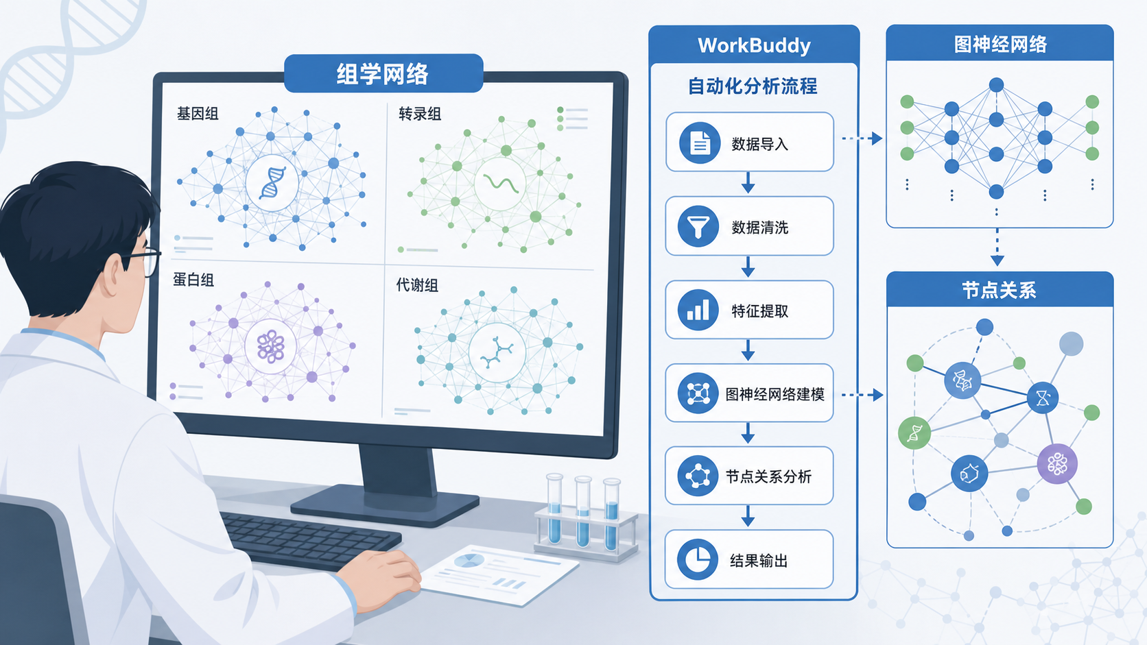 科研人员在电脑前查看多组学网络图谱,旁边展示WorkBuddy自动化分析流程与图神经网络节点关系示意图