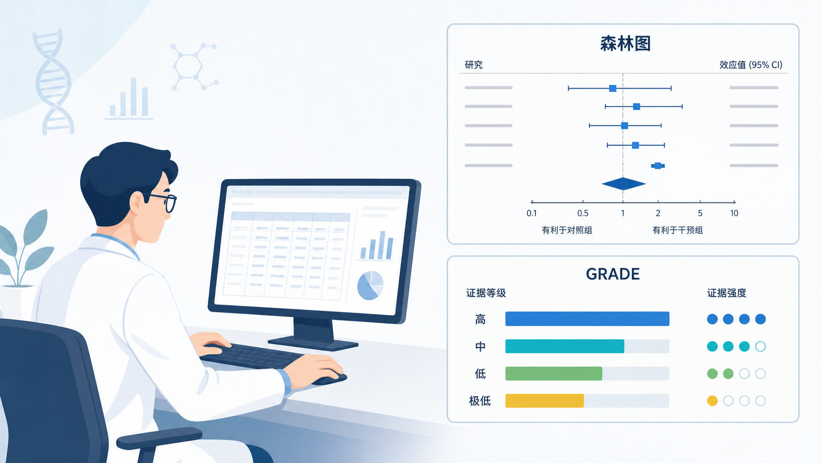 科研人员在电脑前整理临床研究数据,旁边展示森林图和GRADE证据等级示意图,风格专业简洁。