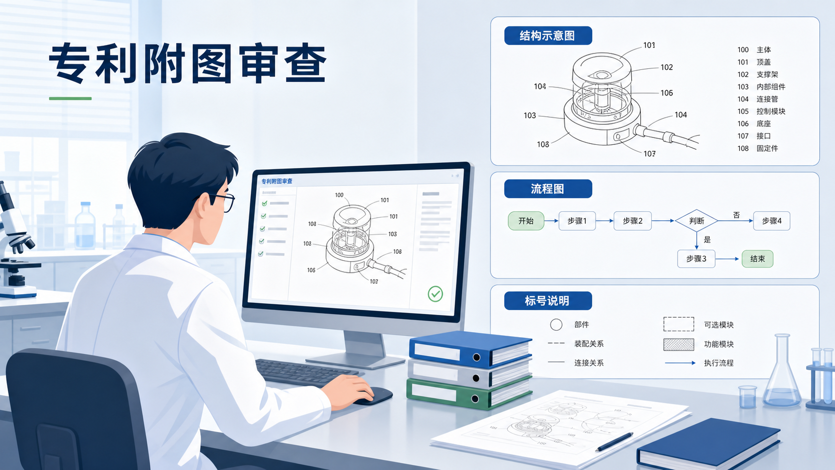 实验室科研人员在电脑前审查专利附图,旁边展示结构示意图、流程图和标号说明,突出“规范性”与“审查风险”主题。