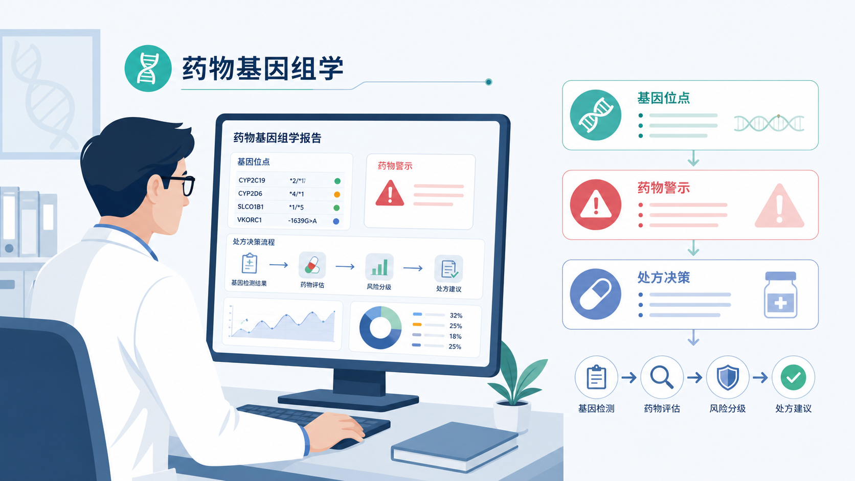 医生在电脑前查看药物基因组学报告,旁边显示基因位点、药物警示和处方决策流程图,画面专业、简洁。
