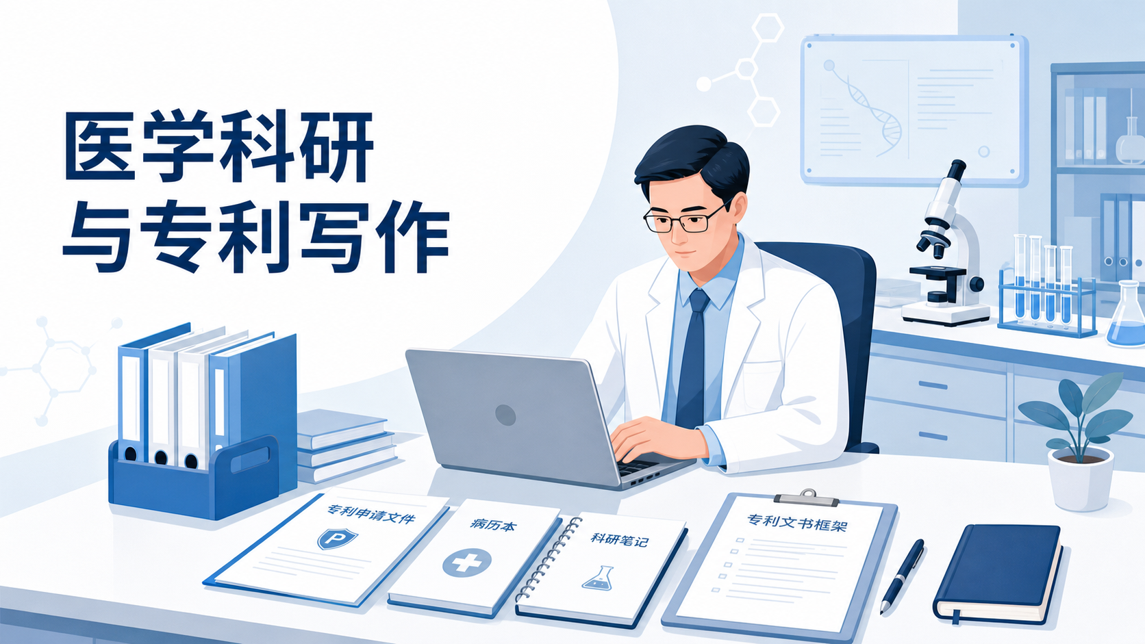 一位医学导师在电脑前整理专利文书框架,旁边有实验台、病历本和专利申请文件,突出“医学科研与专利写作”场景