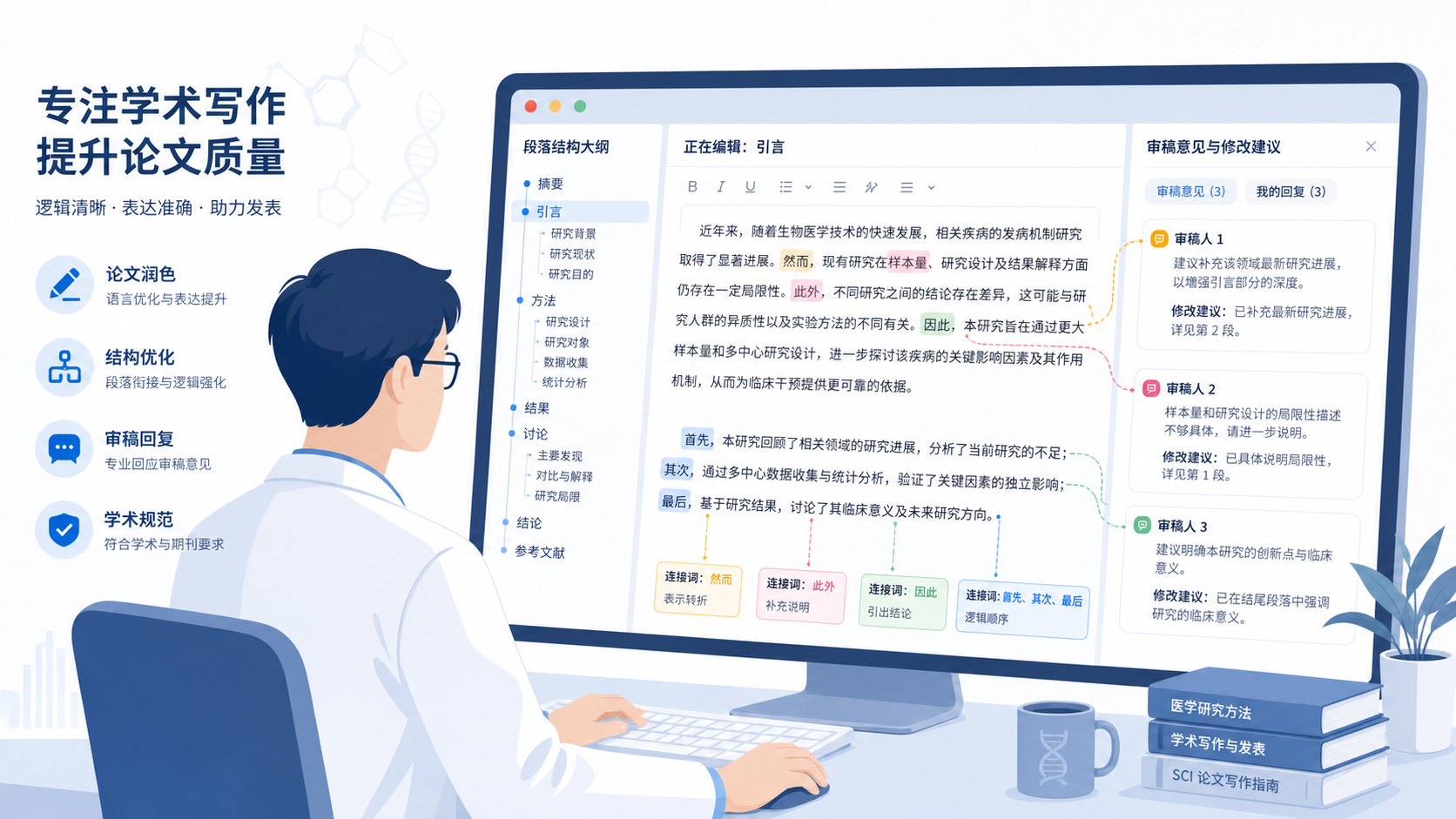 一位科研人员在电脑前修改SCI论文,旁边显示段落结构、连接词和审稿意见批注的界面