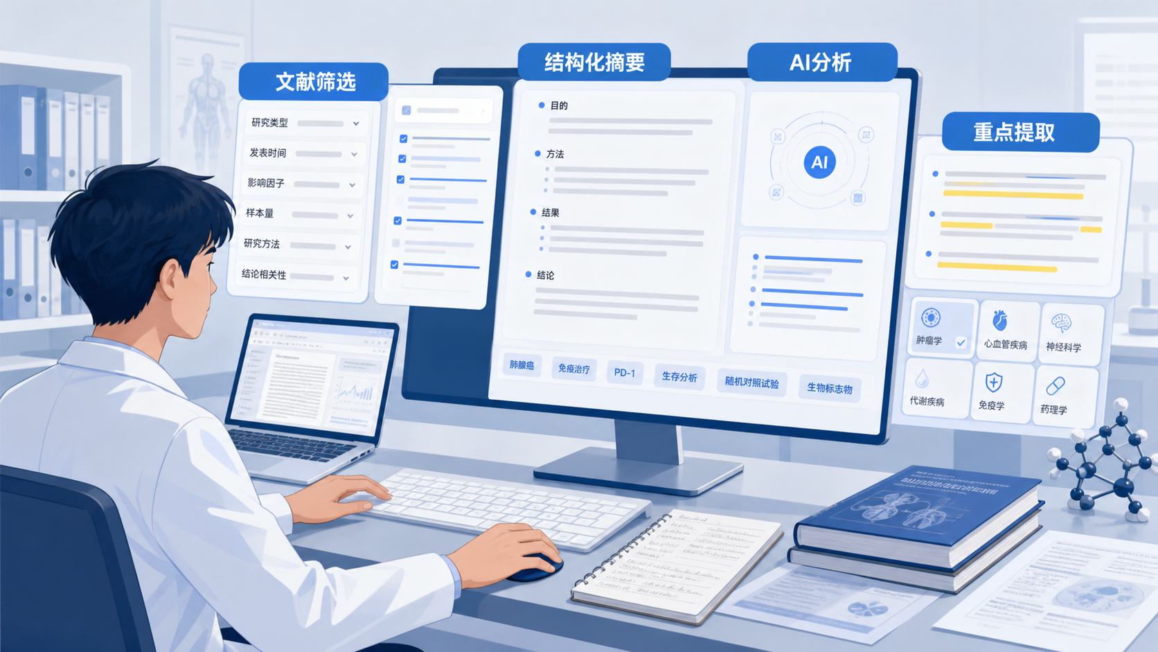 一位医学生坐在电脑前，同时打开多篇SCI论文、文献笔记和AI分析界面，画面强调“高效筛选与结构化阅读”