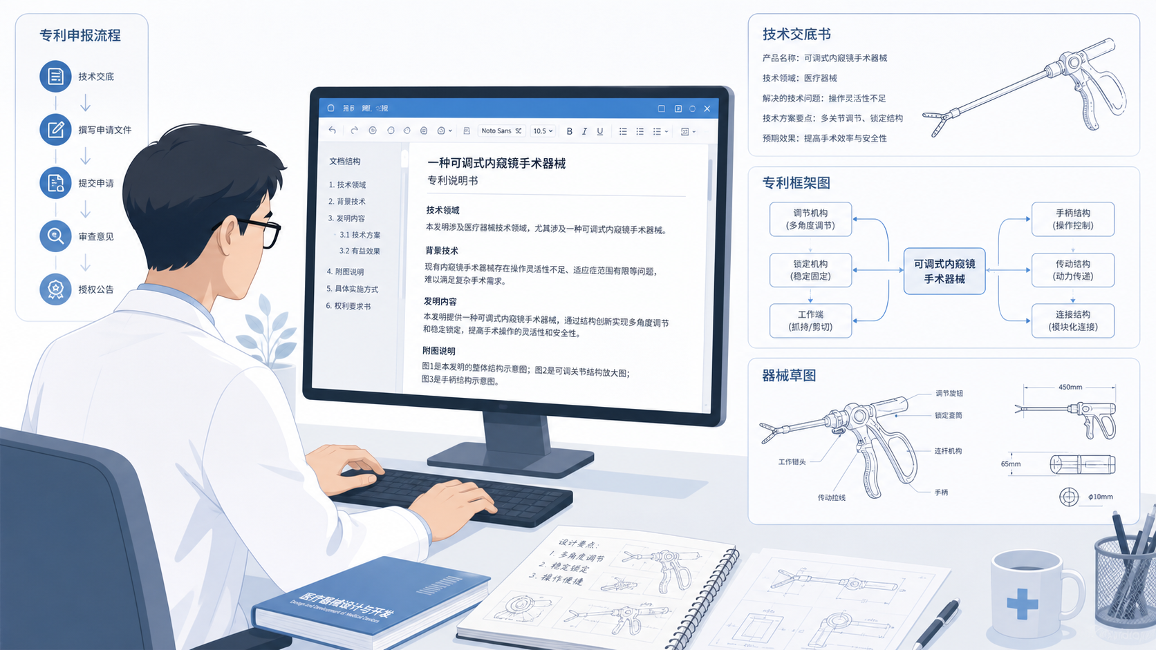 医生在电脑前撰写专利说明书,旁边展示技术交底书、专利结构框架图和医学器械草图