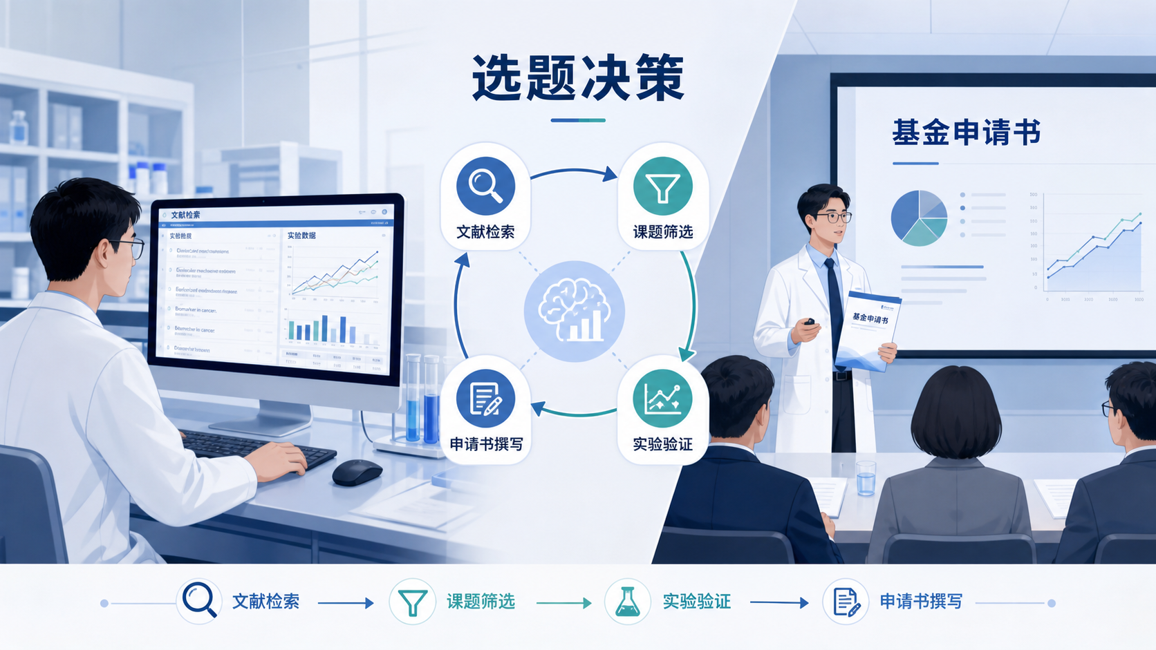 科研人员在实验室和评审会场之间切换，画面中有基金申请书、文献检索界面和实验数据图表，突出“选题决定成败”的主题