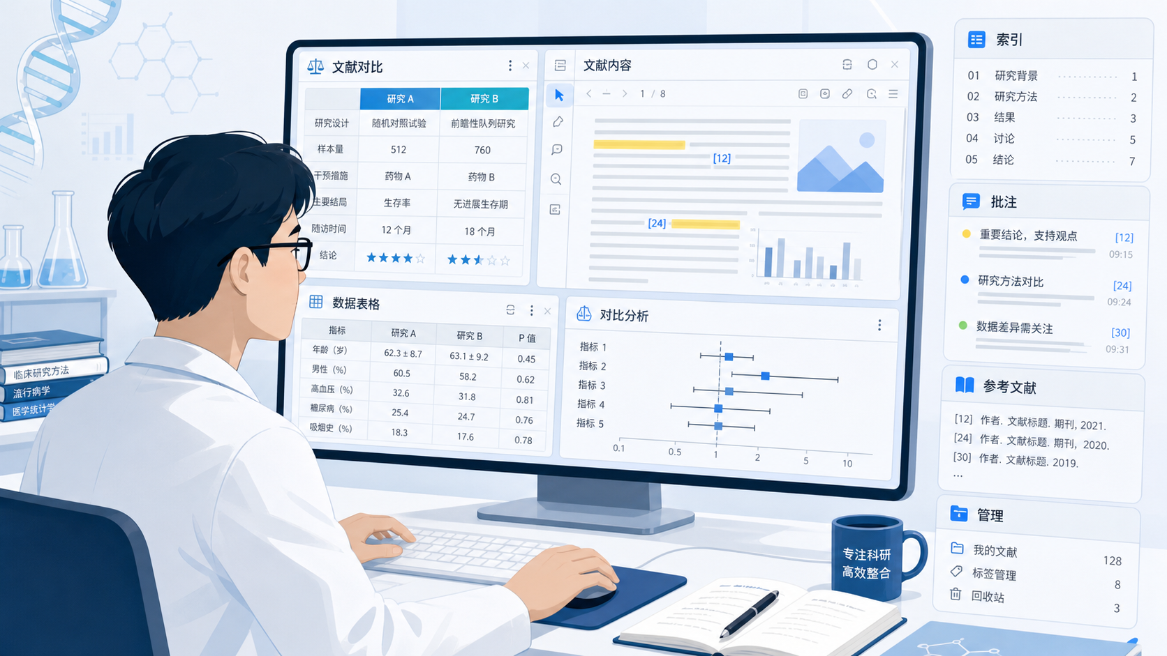 科研人员在电脑前同时查看多篇文献与表格，旁边显示比对索引、批注和文献管理界面