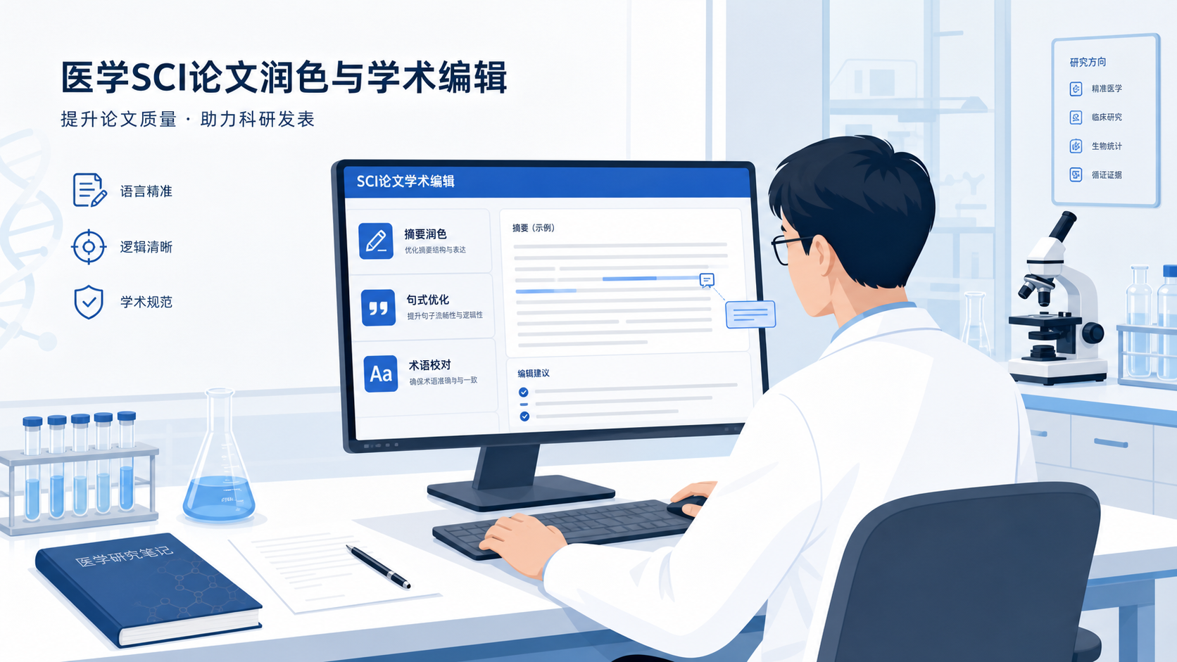 一位科研人员在电脑前修改医学SCI论文,屏幕上显示摘要润色、句式优化和术语校对的界面,背景为实验室或医学文献场景。