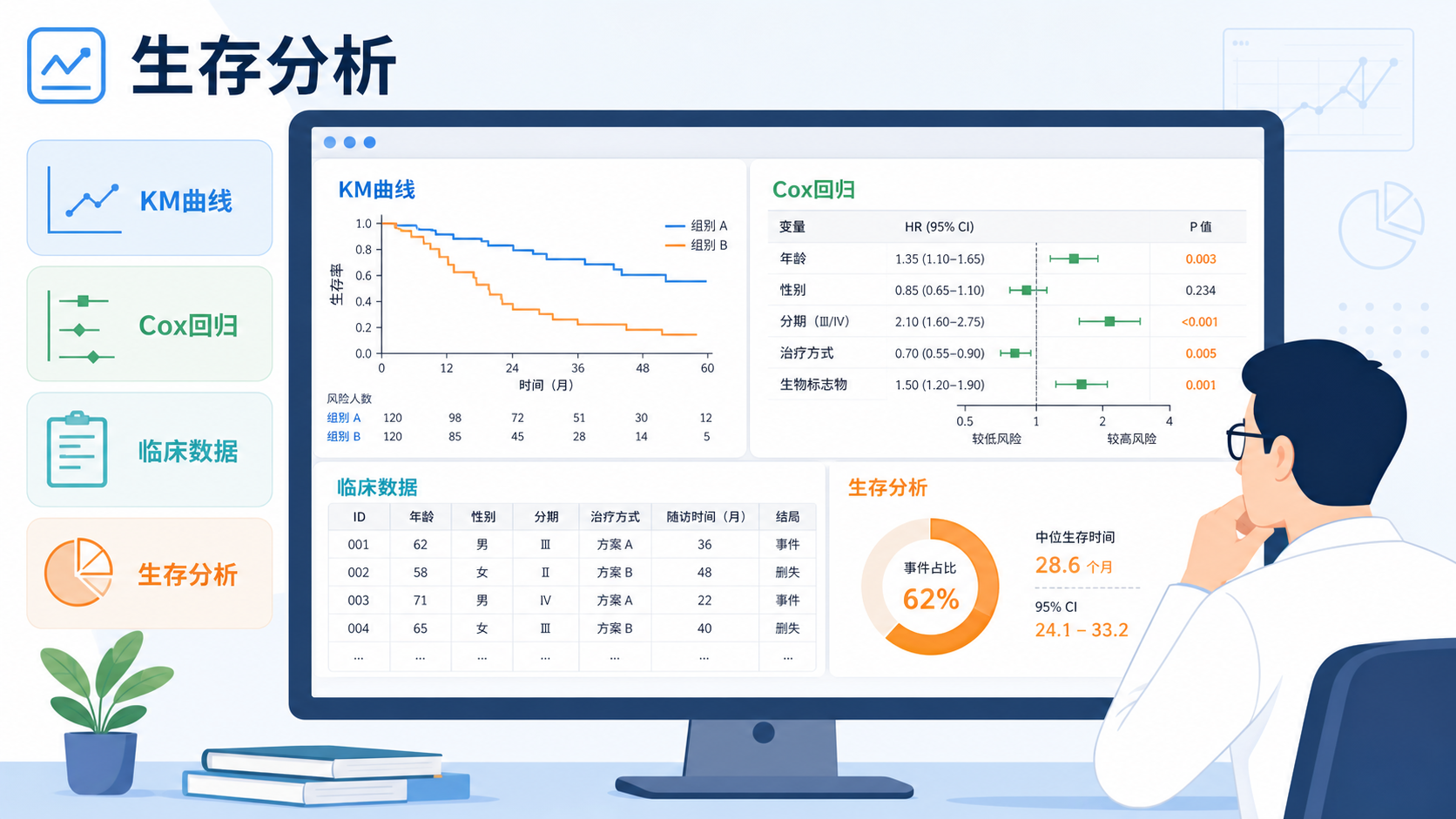 科研人员在电脑前查看生存分析结果，旁边展示KM曲线、Cox回归森林图和临床病历数据表格，突出“化疗与生存结局”分析场景。