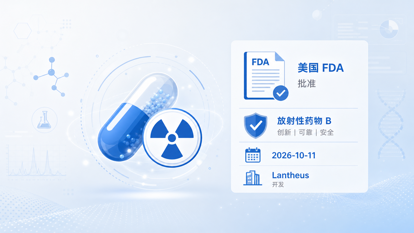 美国 FDA 于 2026 年 10 月 11 日对 Lantheus 公司开发的放射性药物 Bravnetsa（镥-177 dotatate，Lu-177 dotatate）给予最终批准，用于治疗生长抑素受体阳性的胃肠胰神经内分泌肿瘤（GEP-NET）成人患者。这是经 FDA 认定与已上市药物 Lutathera 生物等效、治疗等效的首款同类放射性药物，为美国近 20 万 GEP-NET 患者提供了又一种治疗选择。