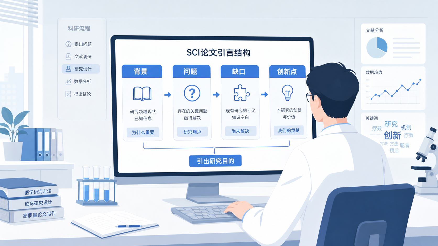 医学生或科研人员在电脑前撰写SCI论文,引言部分高亮显示背景、问题、缺口和创新点的结构示意图