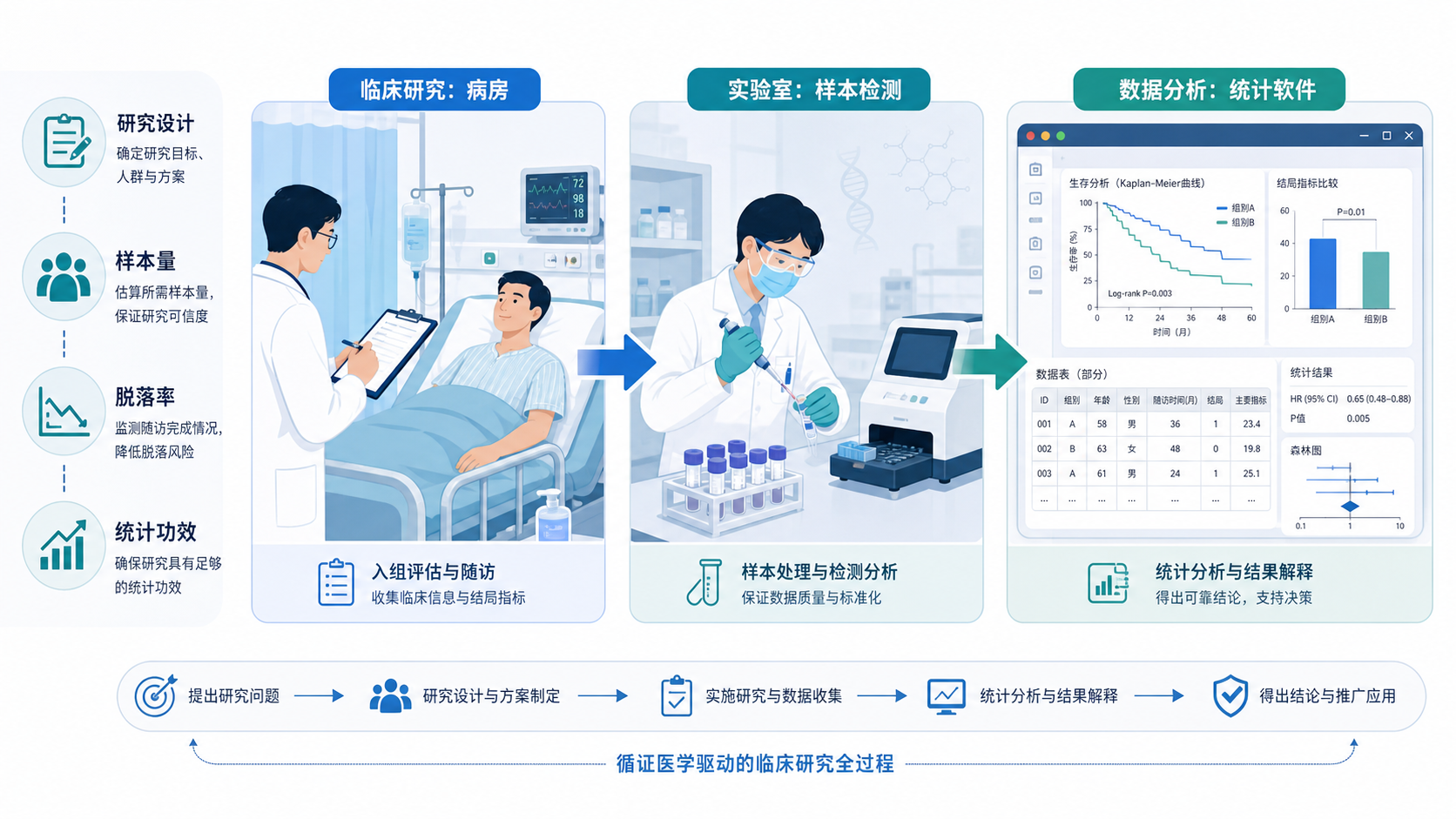 临床研究者在病房、实验室和统计软件界面之间切换,旁边标注“研究设计、样本量、脱落率、统计功效”关键词的专业信息图。