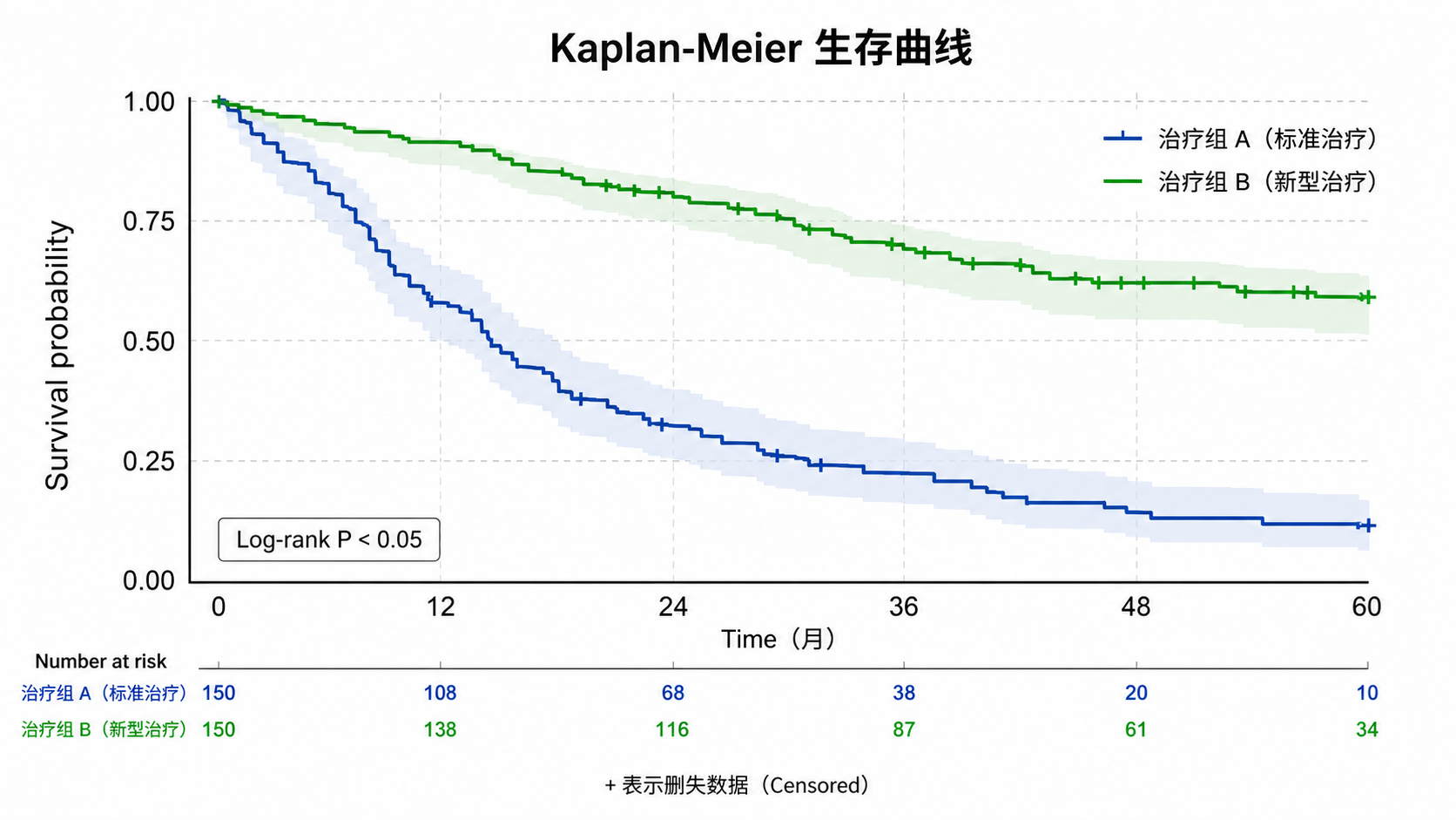 一张Kaplan-Meier生存曲线图,左右两组曲线分离明显,图中标注Log-rank P值位置,整体风格简洁专业。