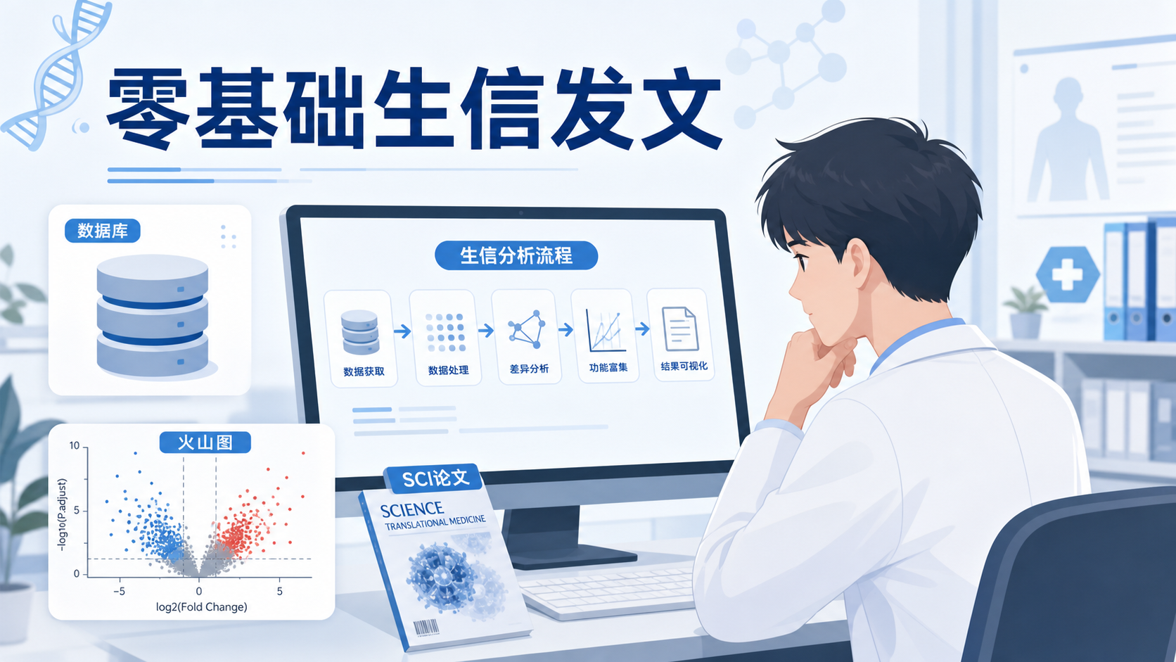 一位医学生在电脑前查看生信分析流程图,旁边有数据库、火山图和SCI论文封面,突出“零基础生信发文”主题