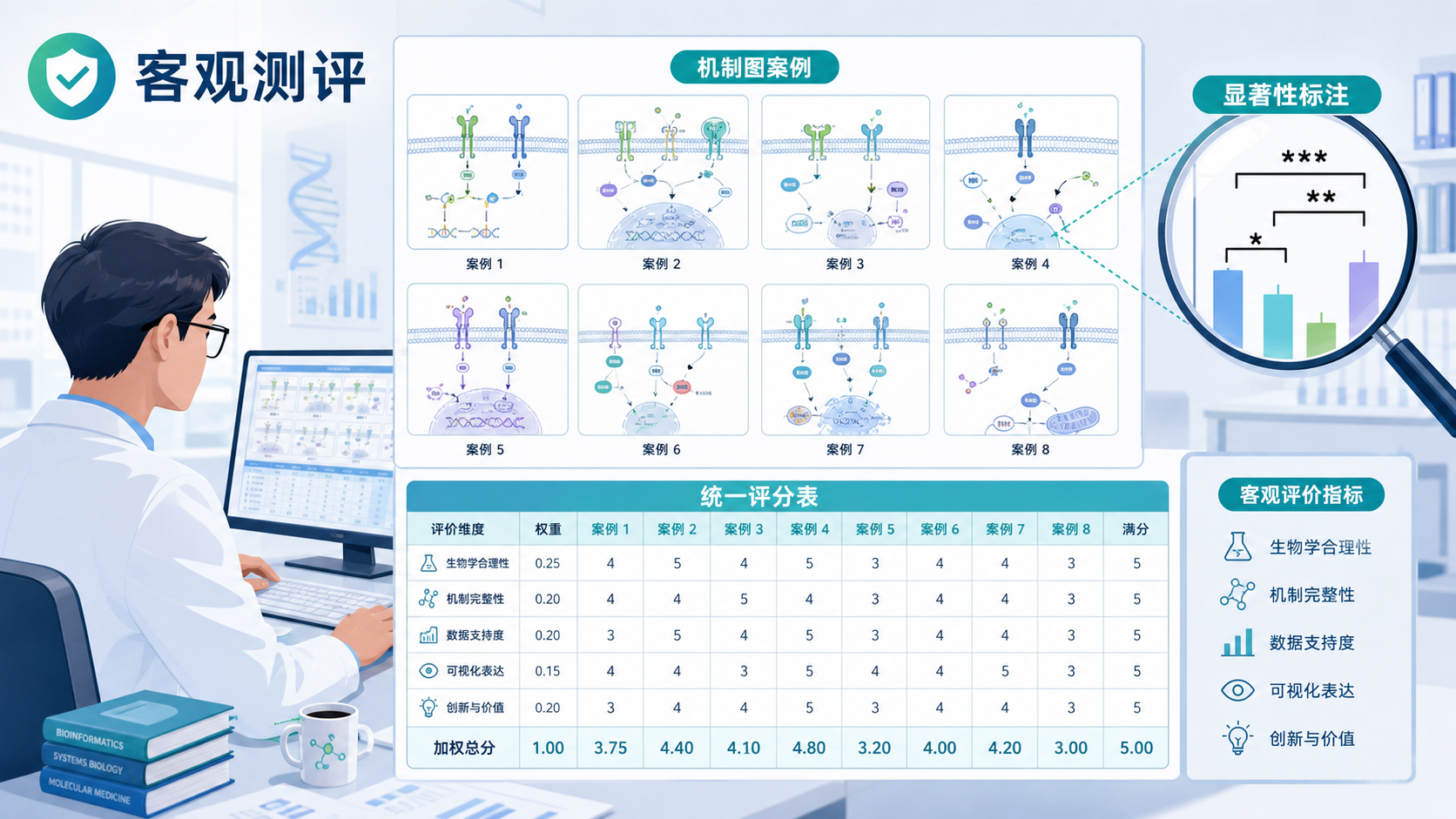 科研人员对比多张生信机制图,画面包含统一评分表、机制图案例和显著性标注细节放大图,突出“客观测评”主题