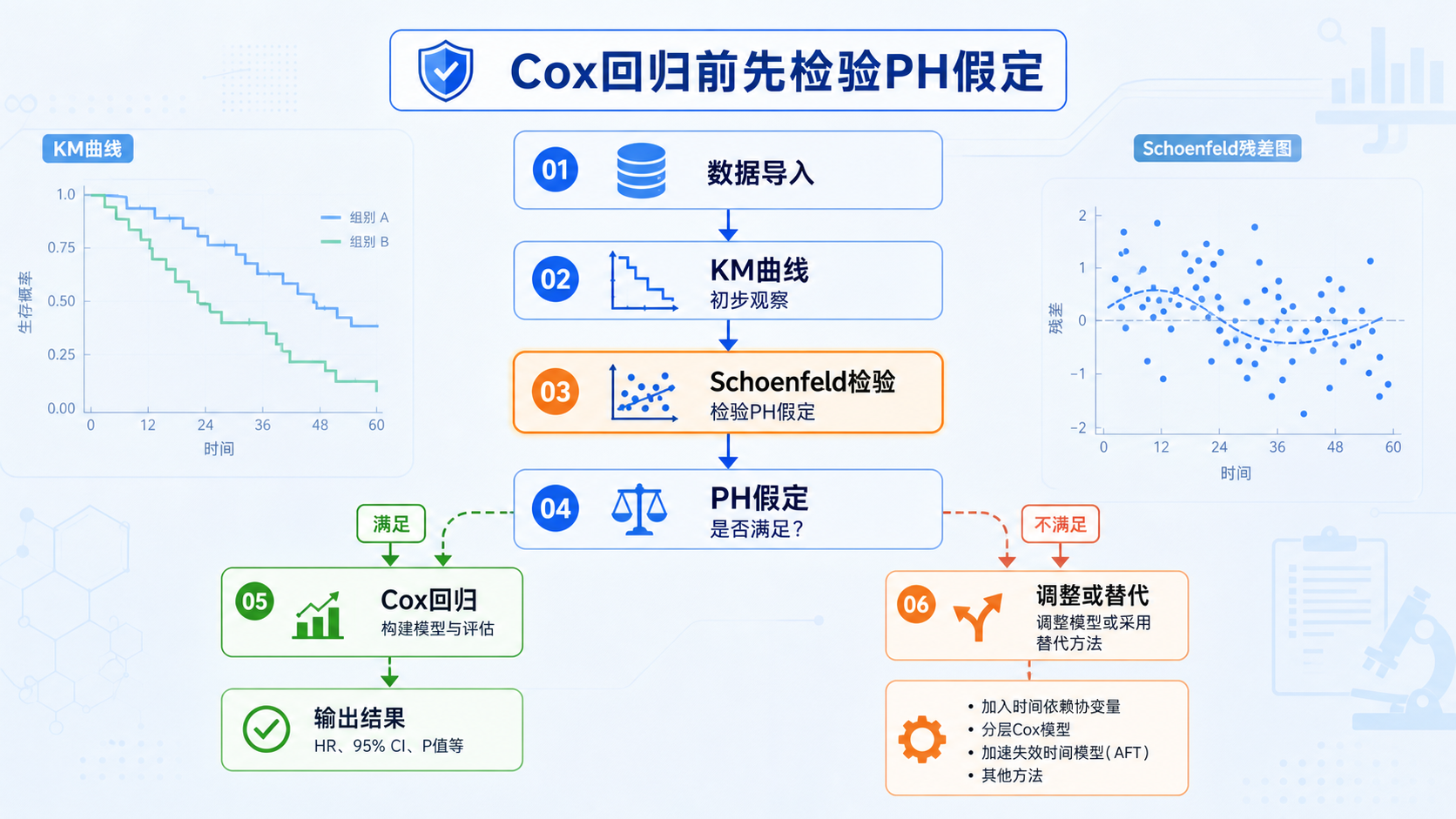 一张生存分析流程图,重点标出“Cox回归前先检验PH假定”,背景可包含KM曲线和Schoenfeld残差图示意