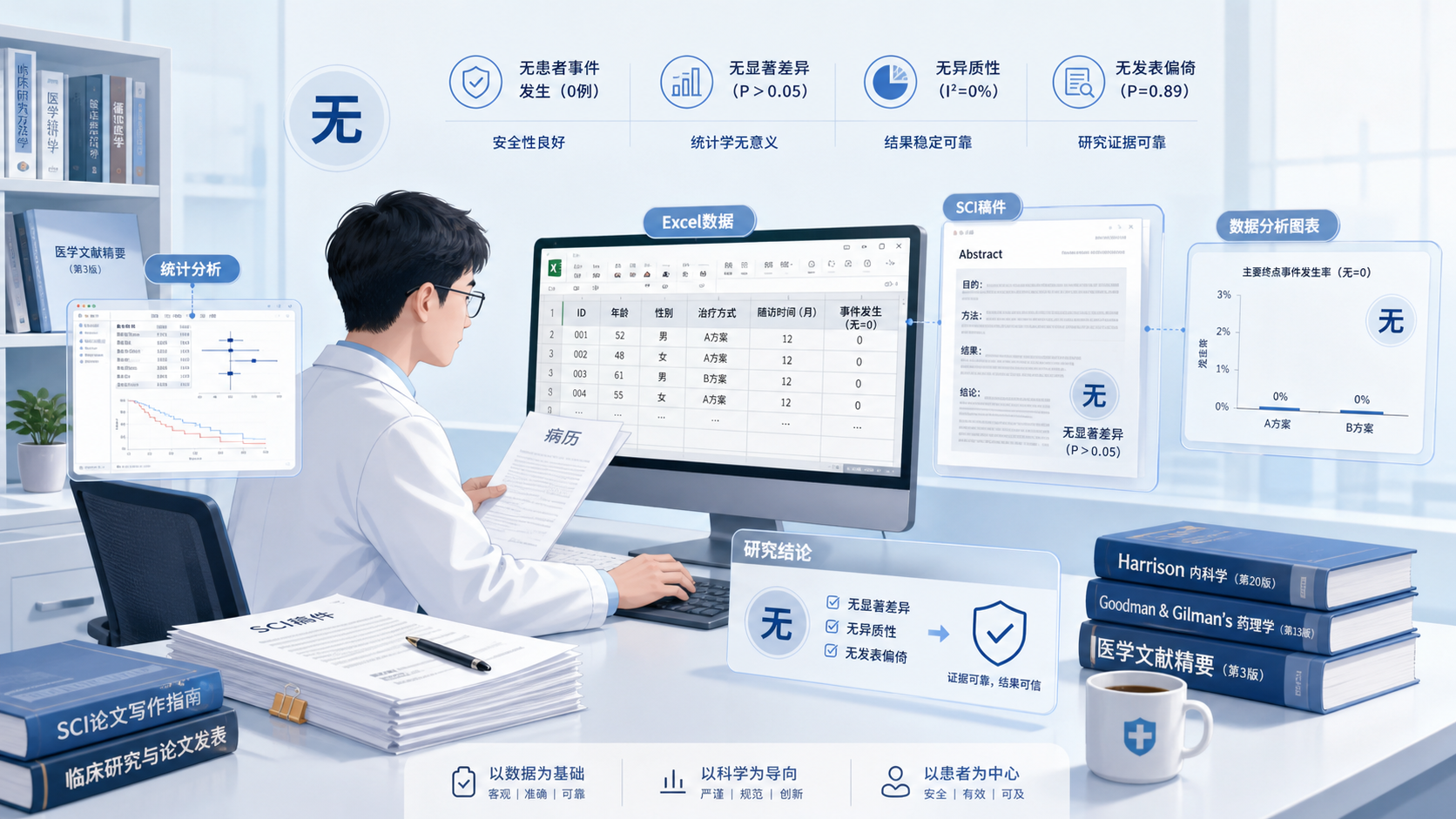 一位临床医生在办公室内查看病历和Excel数据表，旁边放着SCI论文稿件和统计软件界面，突出“无课题无经费也能做研究”的场景