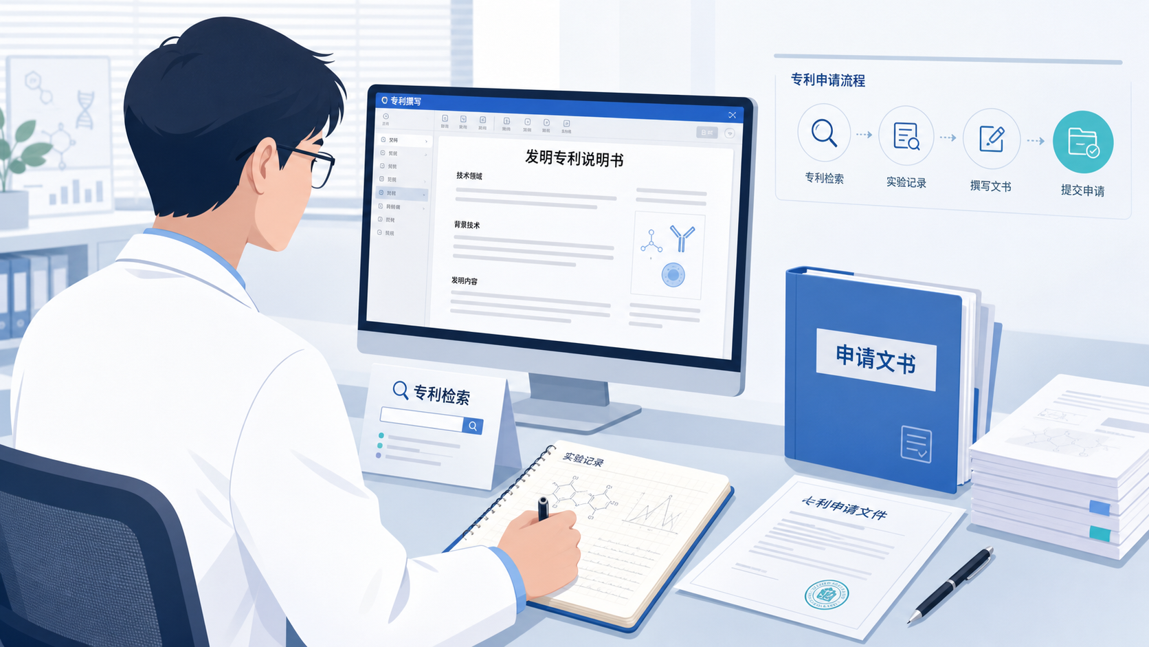 医生在电脑前撰写专利文书,旁边放有检索数据库、实验记录本和专利申请文件,画面体现专业、严谨、流程化的申请场景