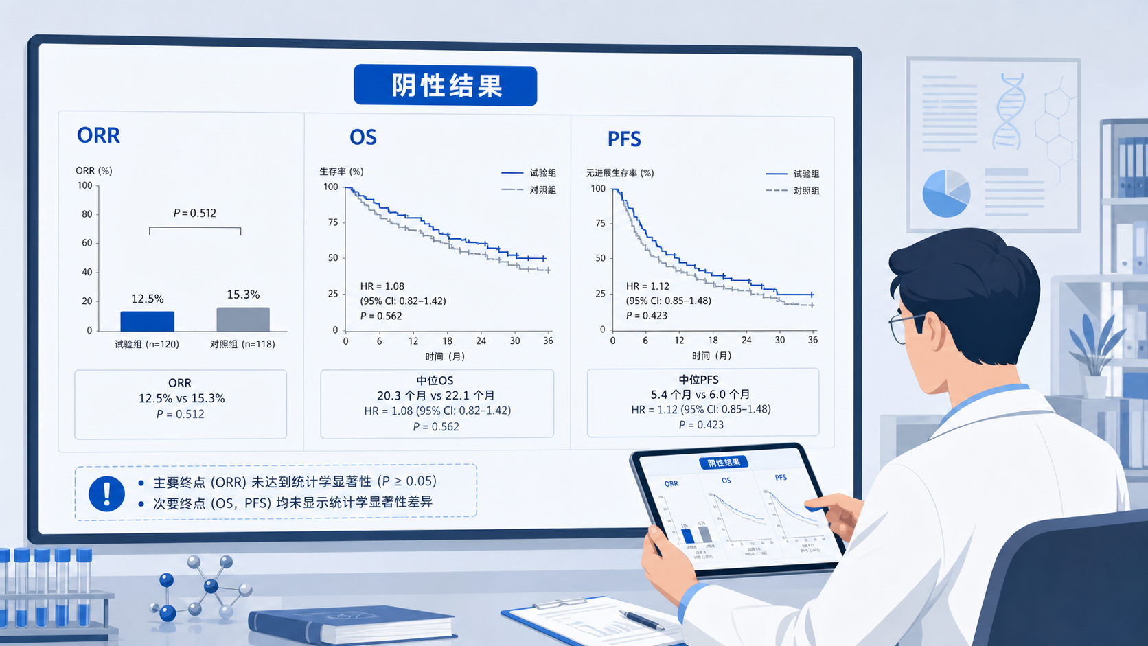 肿瘤临床研究数据分析场景,屏幕上同时显示客观缓解率、OS、PFS三项结局指标的统计结果,强调“阴性与双阳性并存”的判断困境。