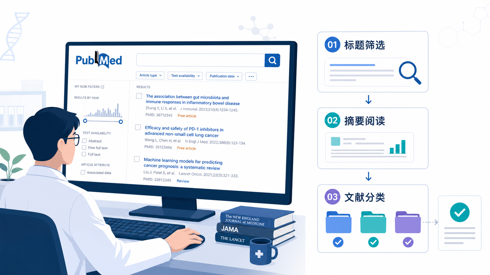 科研人员在电脑前浏览PubMed检索结果，旁边有标题筛选、摘要阅读和文献分类的流程示意图