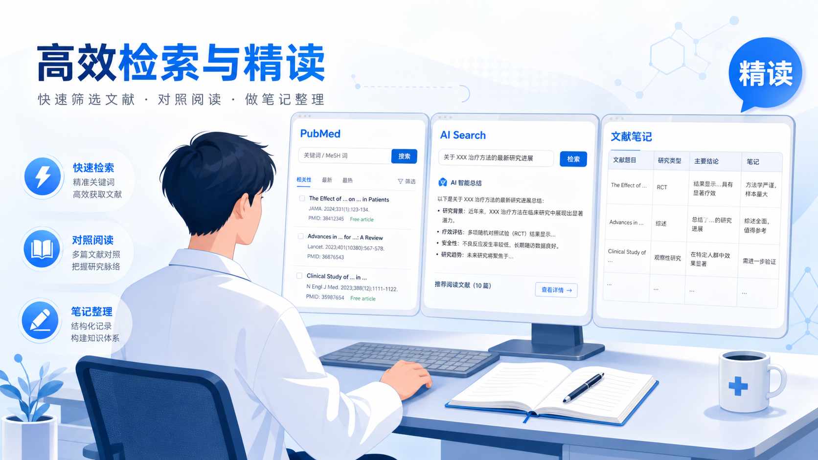 一位医学生在电脑前同时打开PubMed、AI检索界面和文献笔记表格,画面突出“高效检索与精读”的科研场景