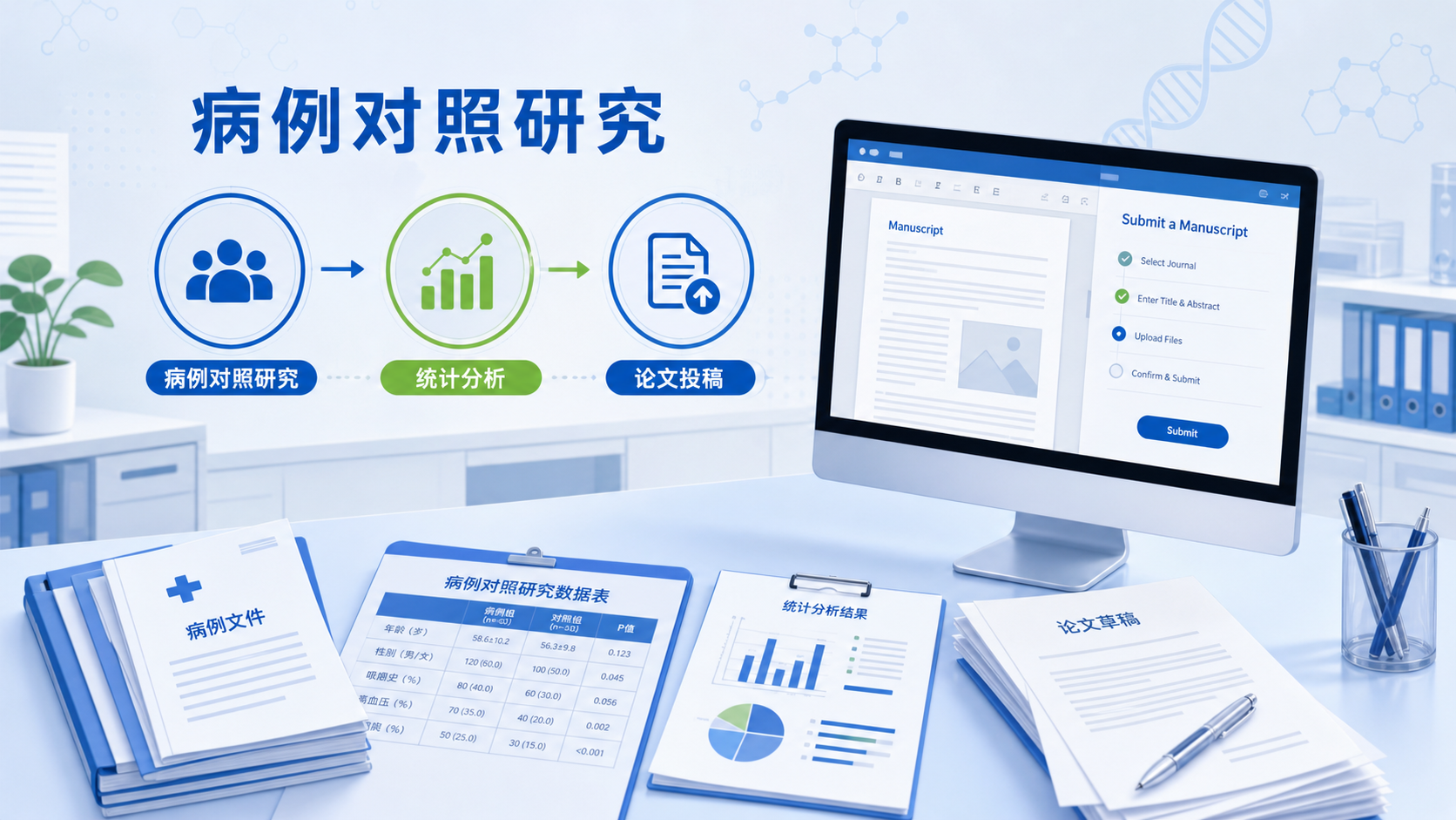临床科研场景图，包含病历、统计图表、电脑屏幕上的论文写作界面，突出病例对照研究与论文投稿主题