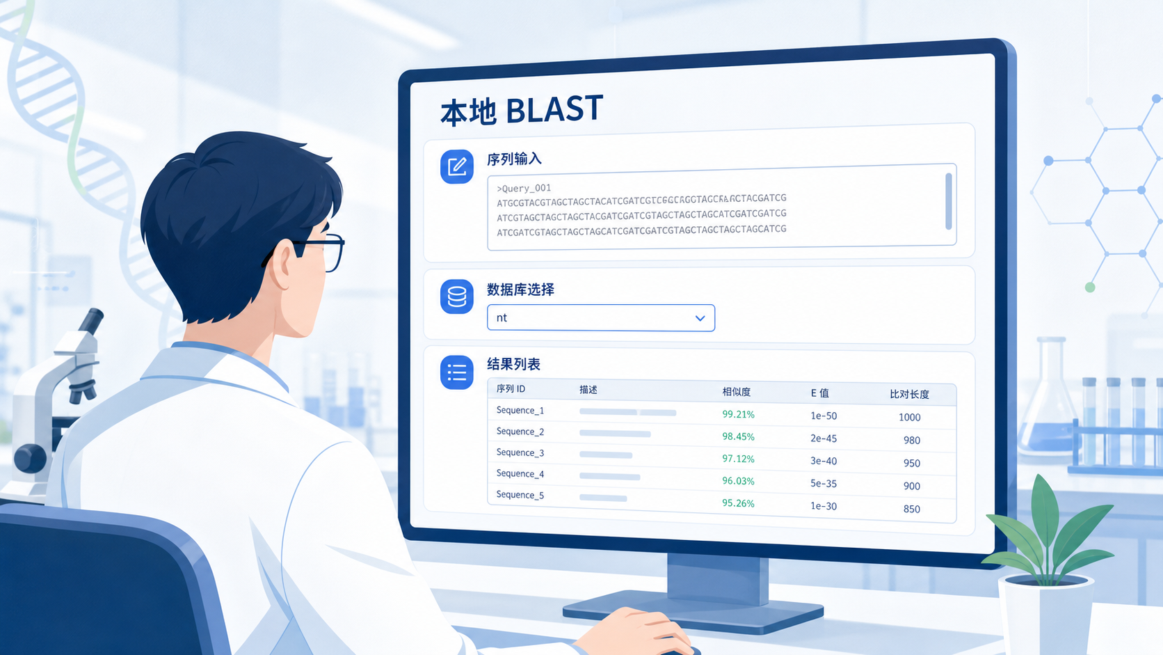 实验室科研人员在电脑前运行本地 BLAST,屏幕上同时显示序列输入、数据库选择和结果列表,突出“自动化流程”和“效率提升”