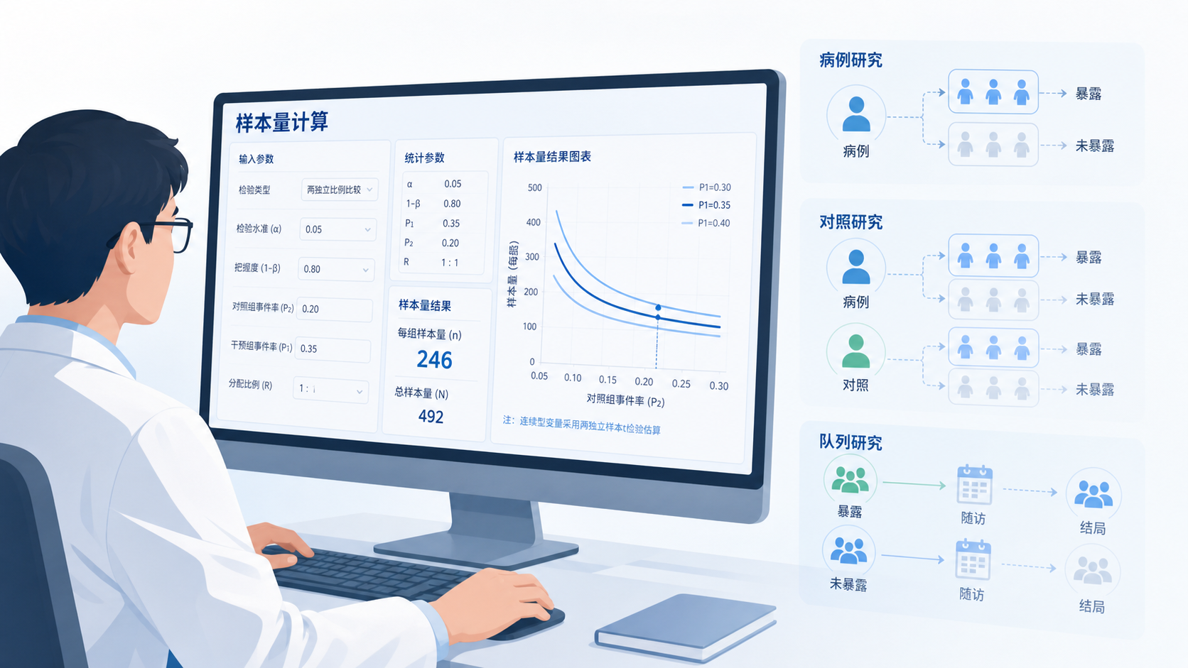 临床研究场景图,研究者在电脑前查看样本量计算界面,旁边叠加病例、对照、队列等研究设计示意图