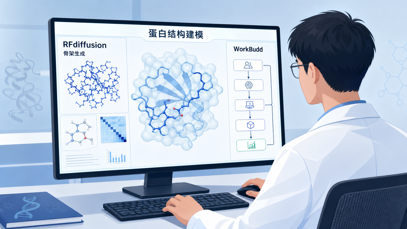 科研人员在电脑前处理蛋白结构建模流程，屏幕上显示RFdiffusion骨架生成与WorkBuddy工作台界面。