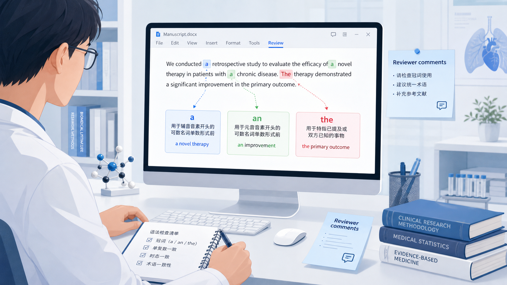 医学生在修改SCI英文稿件,屏幕上高亮标出a、an、the的用法对比,旁边放有论文审稿意见提示“article error”