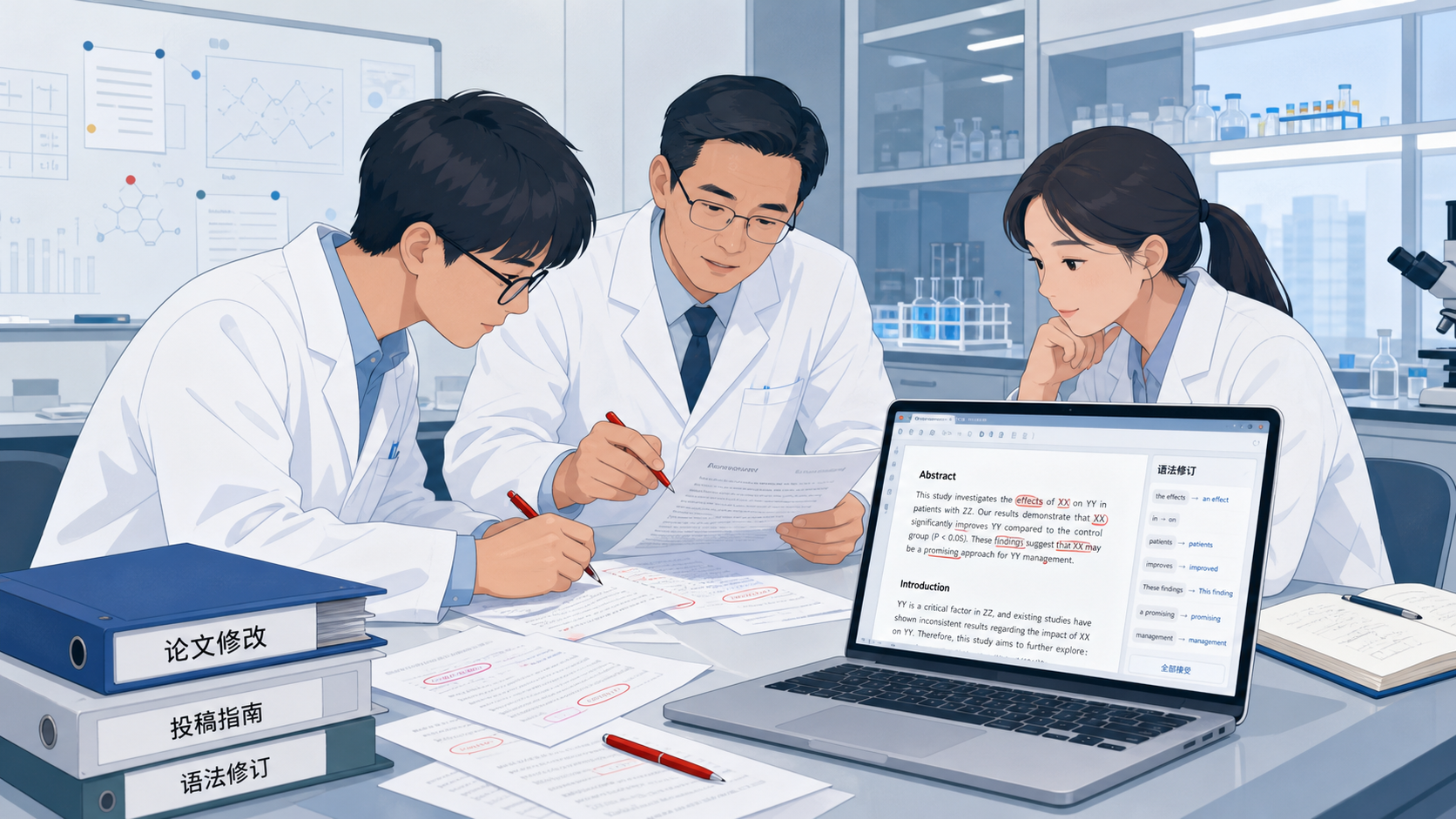 实验室场景中,硕博生与导师共同审阅英文论文稿件,桌面有批注、期刊指南和电脑屏幕上的语法修改界面。