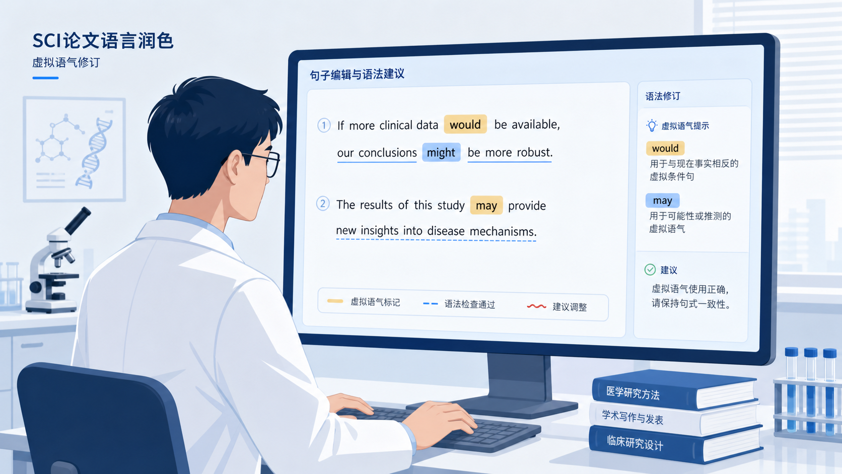 医学研究者在电脑前修改SCI论文英文句子,屏幕上高亮显示虚拟语气相关表达,如would, may, suggest, were, if。