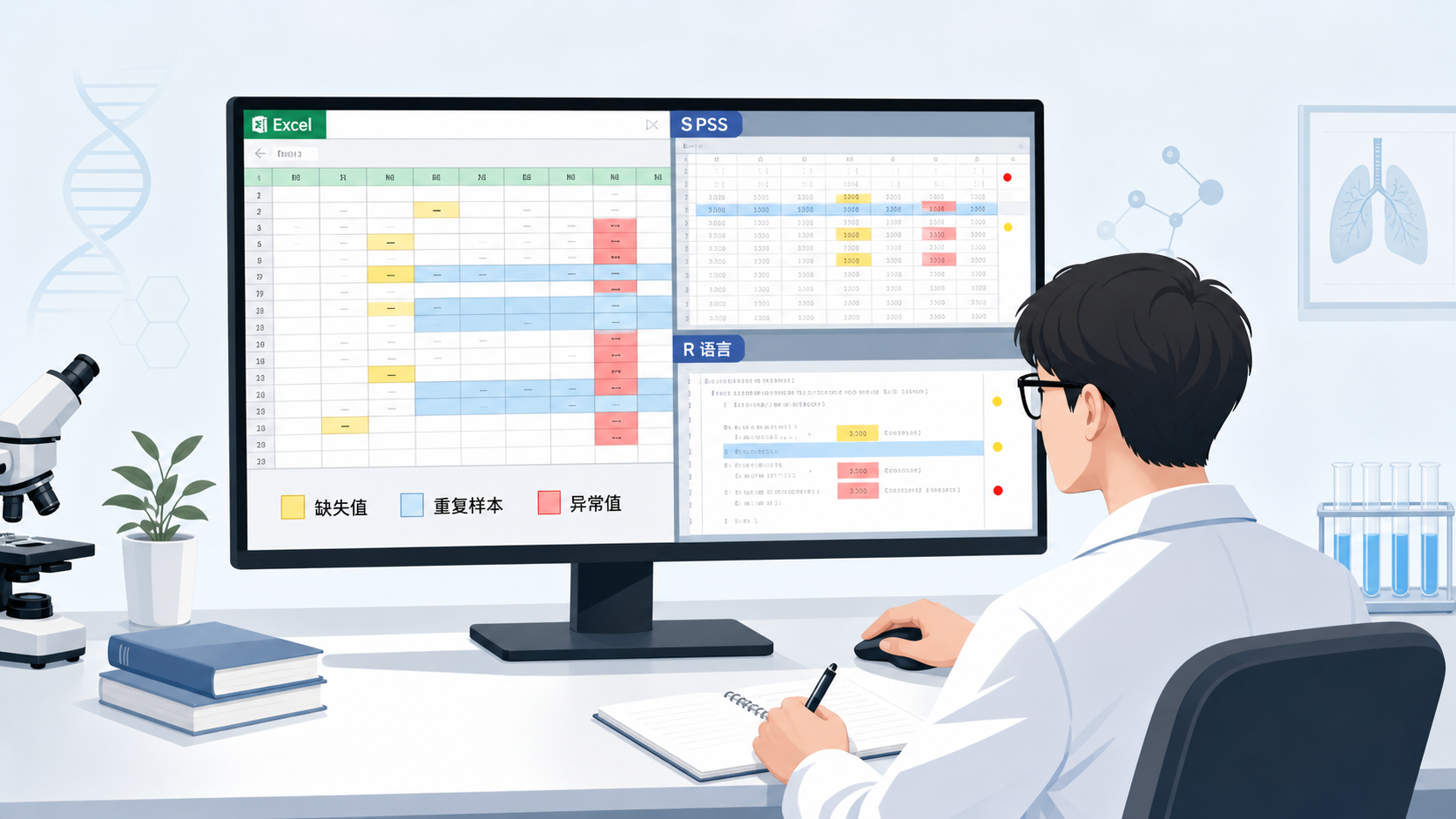 一位科研人员面对电脑上的Excel、SPSS和R语言界面,表格中标出缺失值、重复样本和异常值,体现数据清洗的复杂性。